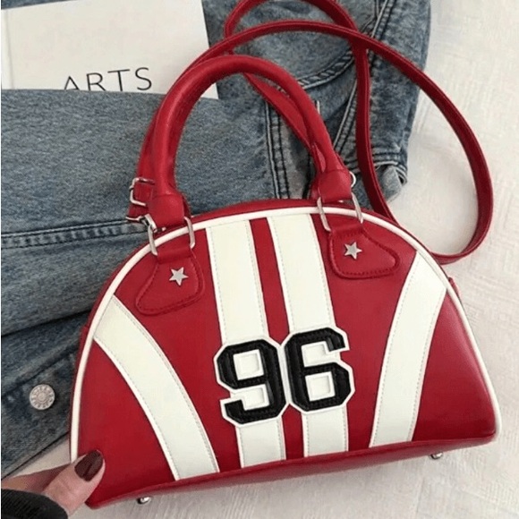 Handbags - Red and White Striped Dome Satchel Bag w. '96' Patch